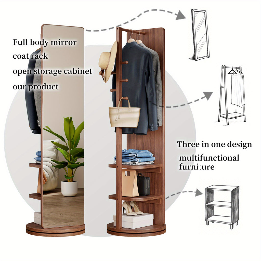 Full Length Mirror with Coat Rack & Storage, 360° Rotating Solid Wood Standing Floor Mirror with Shelves for Bedroom, Entryway, Dressing Room
