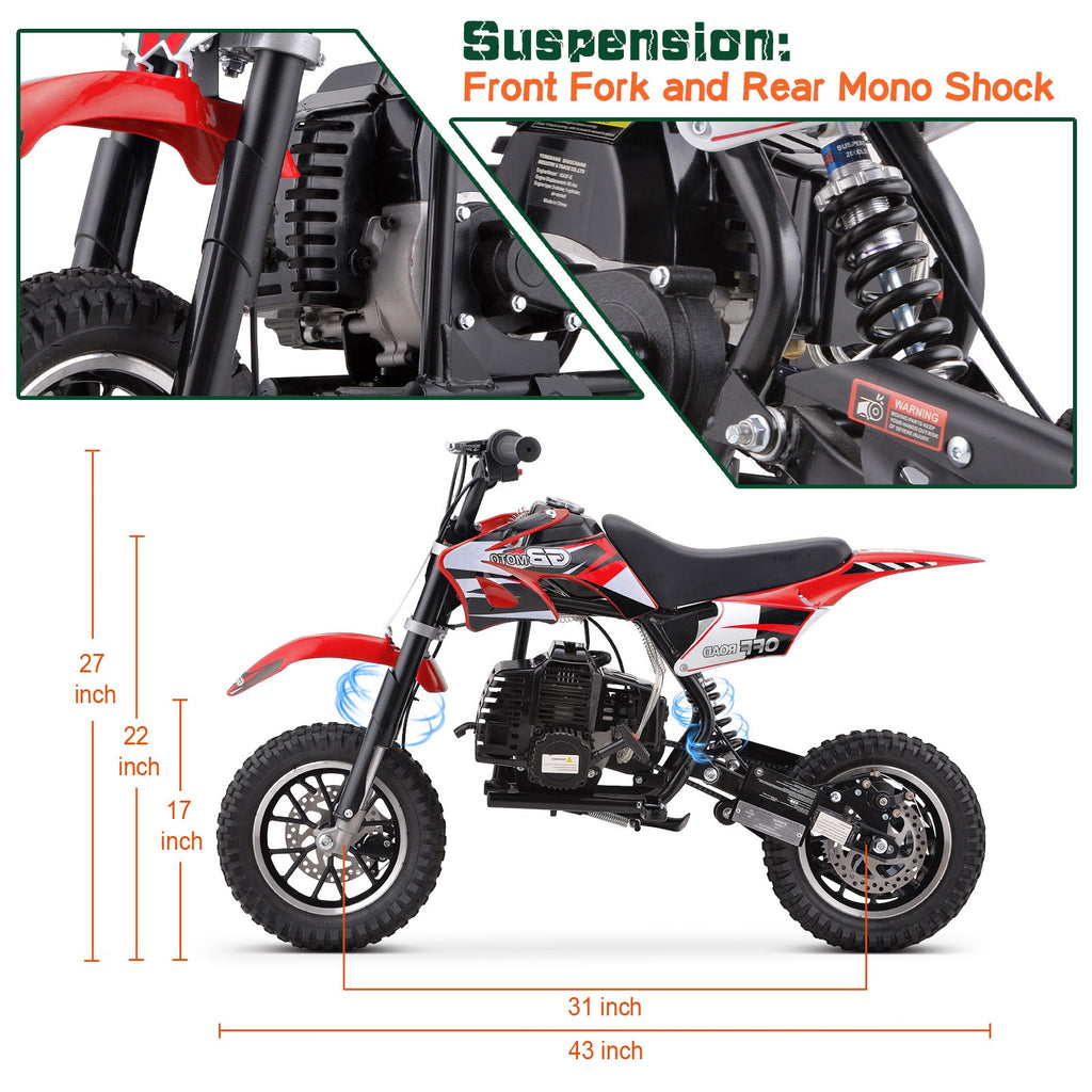 39cc gas powered mini bike, 4-stroke engine motorcycle with a maximum speed of 20 miles per hour, compact off-road bike, durable metal frame, easy to start drawstring system, small energy-saving motorcycle suitable for outdoor exploration, front and rear