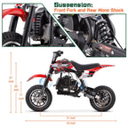 39cc gas powered mini bike, 4-stroke engine motorcycle with a maximum speed of 20 miles per hour, compact off-road bike, durable metal frame, easy to start drawstring system, small energy-saving motorcycle suitable for outdoor exploration, front and rear