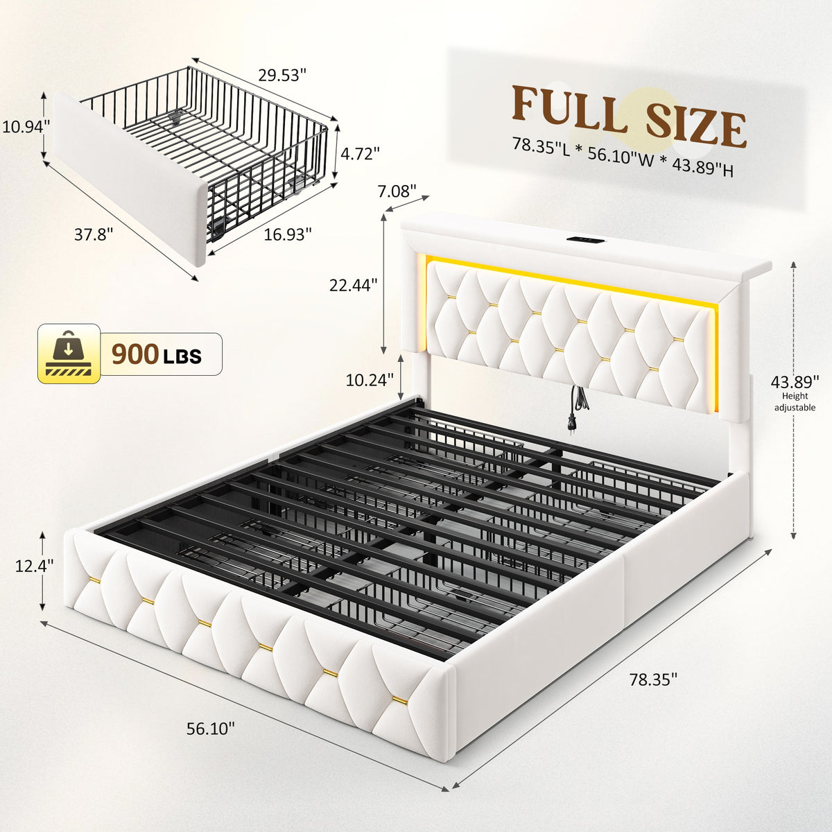 Queen/Full Size Bed Frame With 4 Storage Drawers & Headboard Adjustable, Velvet Platform Bed With LED Lights, Charging Station, Sturdy Wooden Slats Support, No Box Spring Needed, Beige, Grey