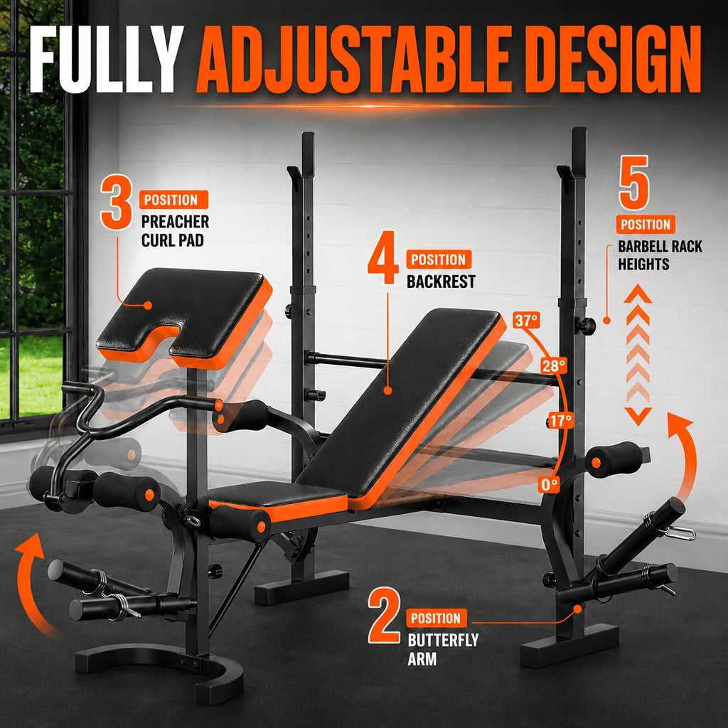 6-In-1 Professional Fitness Bench Set for Leg Extension, All-In-One Adjustable Weight Bench Full Body Strength Training, with Squat Rack, for leg Developer & Preacher Curl Pad, Ideal for Home Gym Use (Barbell Not Included)