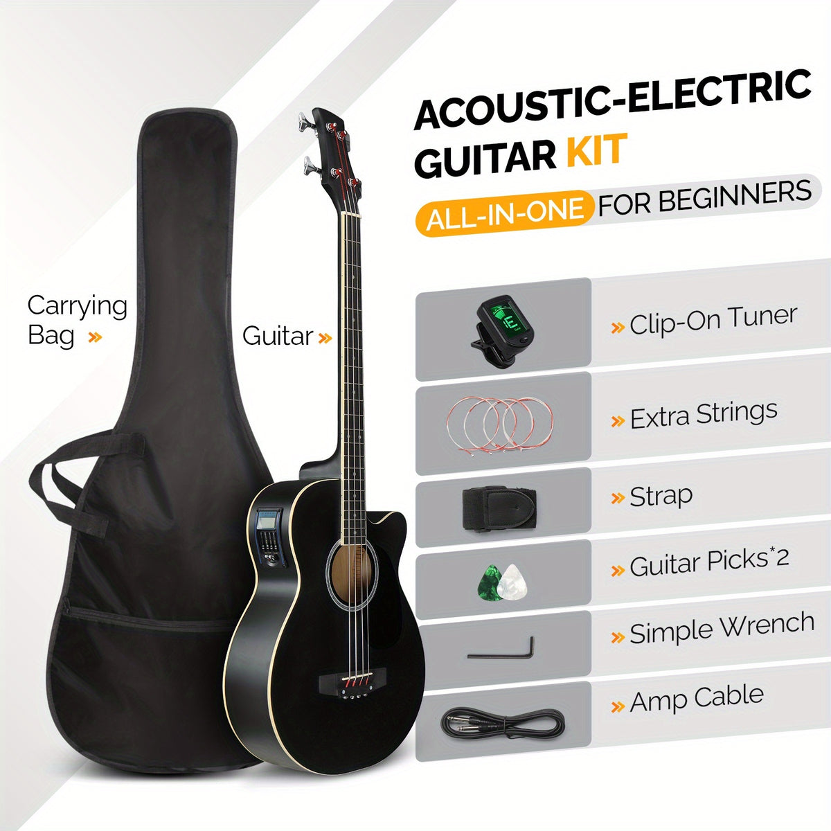 Glarry 4-String Full Size Acoustic-Electric Bass Guitar Kit, Folk Bass Guitar, Cutaway Style, for Beginner Student, ALL-IN-ONE Kit, Complete Accessories with Strap Gig Bag Picks Cable Wrench Tool, Gift for Music Lover