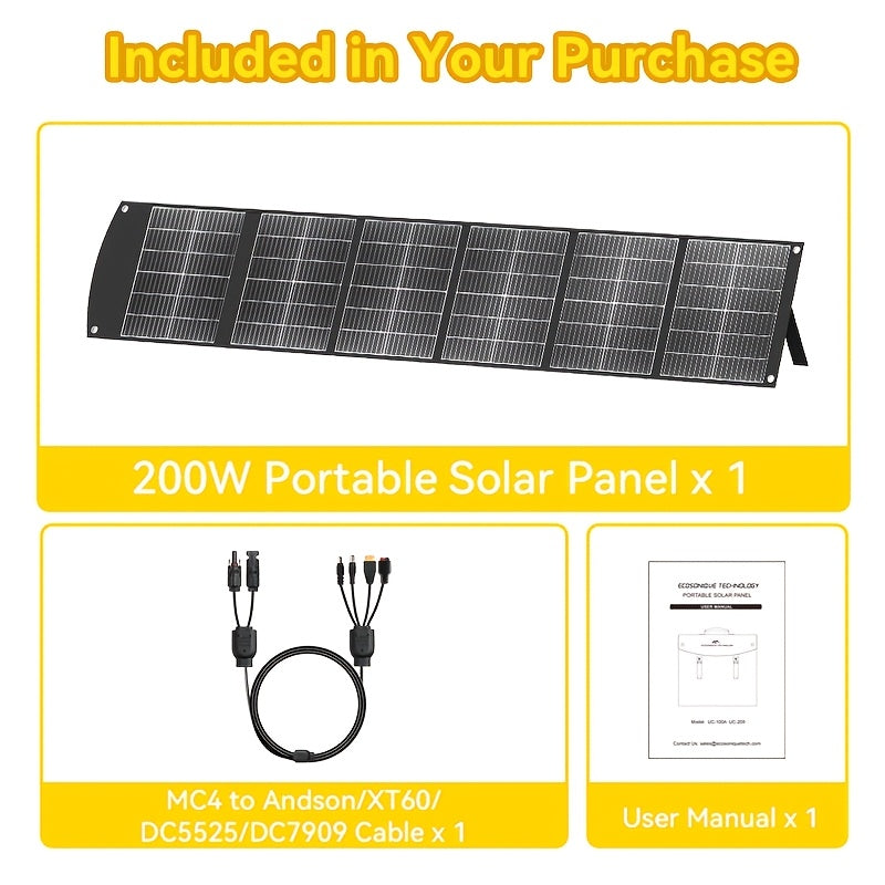 200W Portable Foldable Solar Panel - High Efficiency Solar Charger with USB-C PD3.0, USB-A QC3.0, MC4 & Multi-Output, Lightweight & Compact Design with 4 Kickstands, Perfect for RV, Camping, Road Trips, Fishing, Outdoor Adventures, Blackout Backup