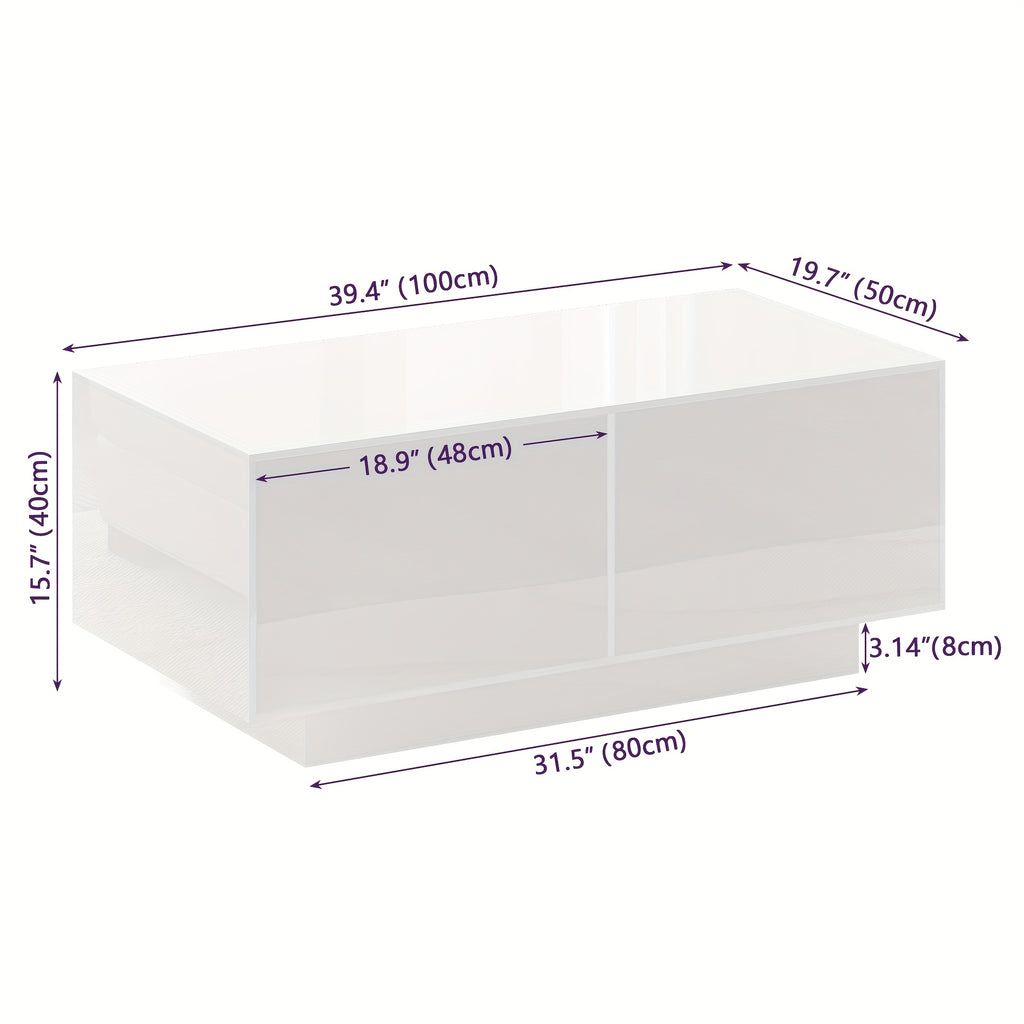 High Glossy LED Coffee Table, Modern Coffee Tables with Open Display Shelf And Sliding 2 Drawers, Rectangular Coffee Table with LED Lights for Living Room, Dining Room, White/Black
