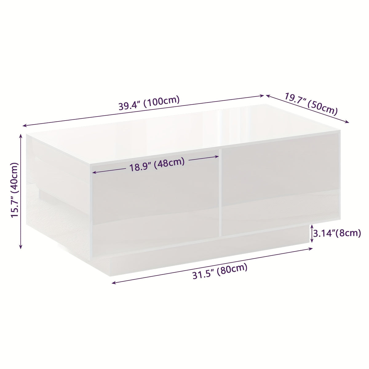 High Glossy LED Coffee Table, Modern Coffee Tables with Open Display Shelf And Sliding 2 Drawers, Rectangular Coffee Table with LED Lights for Living Room, Dining Room, White/Black