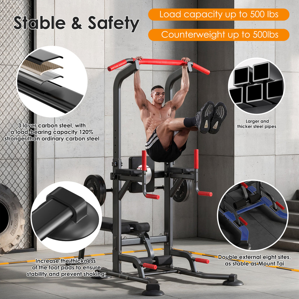 Pull Up Bar Dip Station, Power Tower with Folding Dumbbell Bench & Backrest, Adjustable Height Pull Up Bar Stand, Multi-Function Home Gym Strength Training Fitness Equipment 330LBS