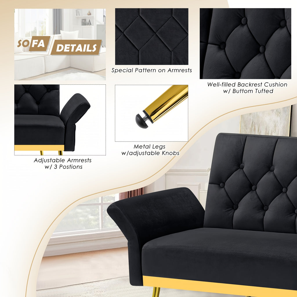 ACMEASE Velvet Sofa Bed Featuring Adjustable Armrests And Backrests, a Contemporary Recliner Sleeper Couch with a Tufted Design, a Convertible Loveseat Sofa with Golden Legs Suitable for The Living Room, Bedroom, Or Studio