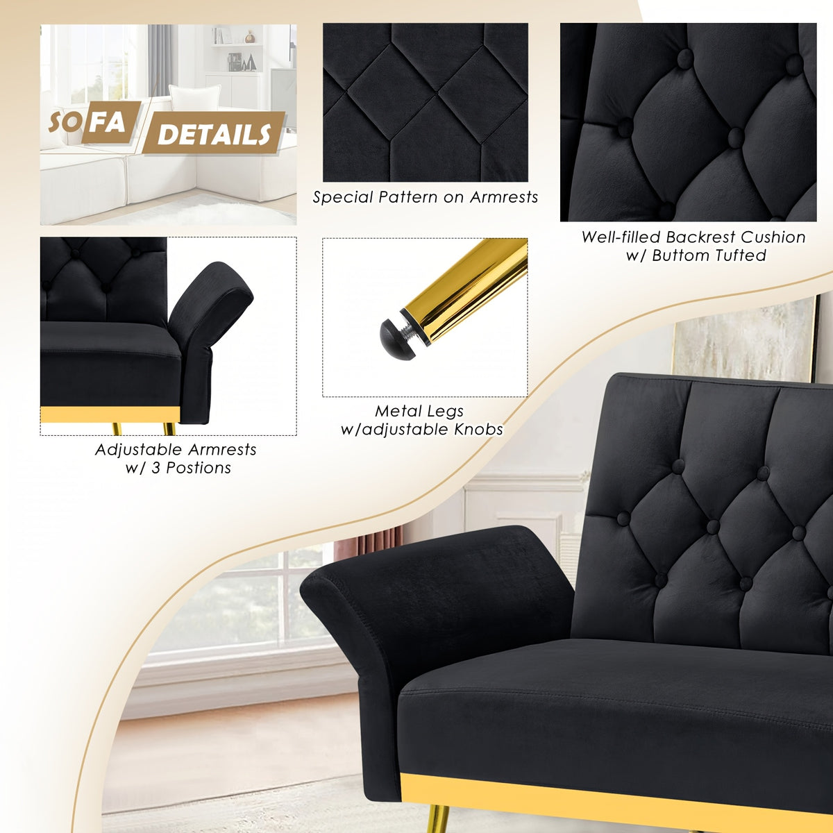 ACMEASE Velvet Sofa Bed Featuring Adjustable Armrests And Backrests, a Contemporary Recliner Sleeper Couch with a Tufted Design, a Convertible Loveseat Sofa with Golden Legs Suitable for The Living Room, Bedroom, Or Studio