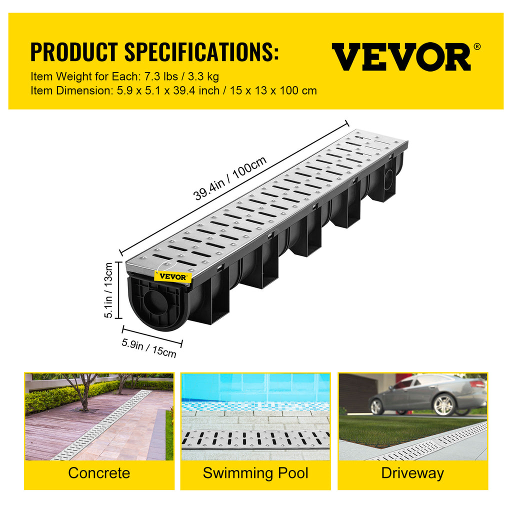VEVOR Drainage System with Metal Grate, 5.9x5.1-Inch HDPE Channel for Garage Floors, Black Plastic Trench with End Caps, 3x39 Grate - 3 Pack