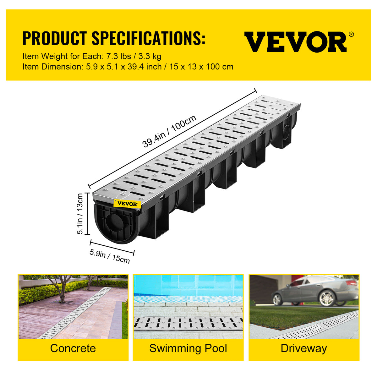 VEVOR Drainage System with Metal Grate, 5.9x5.1-Inch HDPE Channel for Garage Floors, Black Plastic Trench with End Caps, 3x39 Grate - 3 Pack