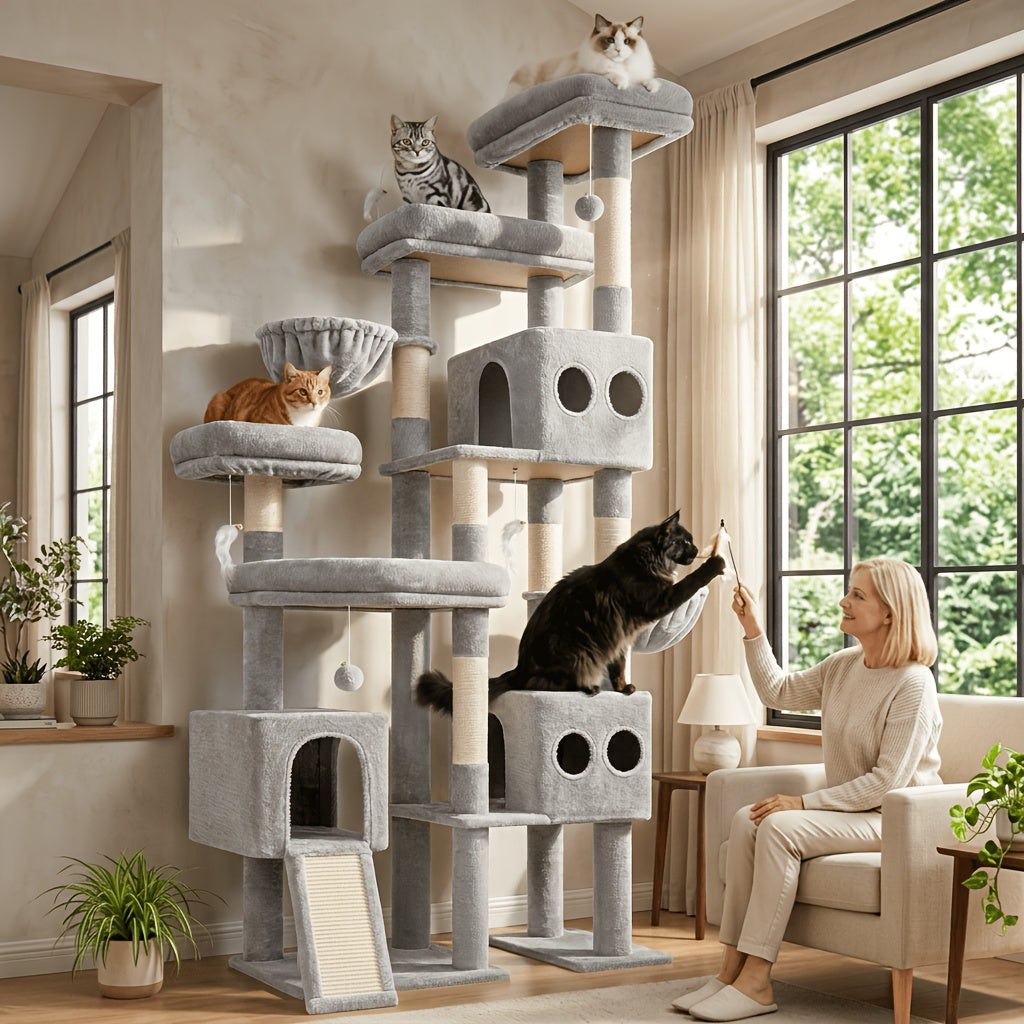 Globlazer 82-inch Cat Tower for Large Cats, Multi-Level Cat Tree for 4+ Indoor Cats with 3 Condos, 7 Sisal Scratching Posts, Scratching Board, 2 Hammocks & 3 Perches, S82D, Light Grey