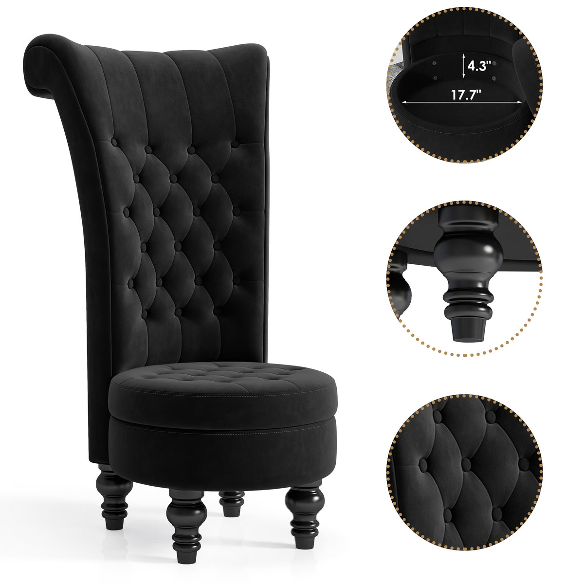 Royal High Back Chair, Velvet Armless Accent Chair with Button-Tufted & Rubberwood Legs, Regal Elegance Throne Chair for Living Room, Dressing Room, Bedroom