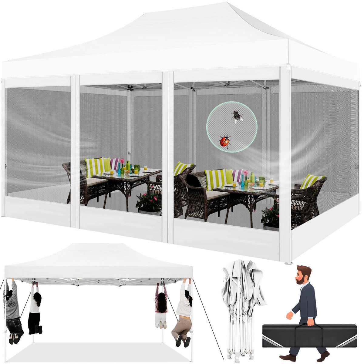 Hoteel 10x15 Heavy Duty Pop Up Canopy Tent with 4 Sidewalls, Commercial Gazebo Party Tent with Mosquito Netting Wall Easy Up Outdoor Instant Screen Tent for Backyard, Beach, Patio, Garden