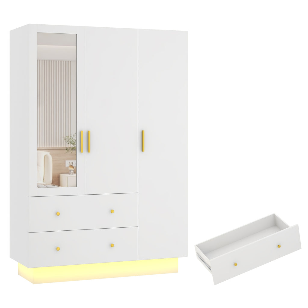 3 Doors Armoire Wardrobe Closet with Mirror, LED Armoire with Doors And Drawers, Wooden Armoire Storage Cabinet with Hanging Rod, Adjustable Shelves