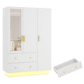 3 Doors Armoire Wardrobe Closet with Mirror, LED Armoire with Doors And Drawers, Wooden Armoire Storage Cabinet with Hanging Rod, Adjustable Shelves