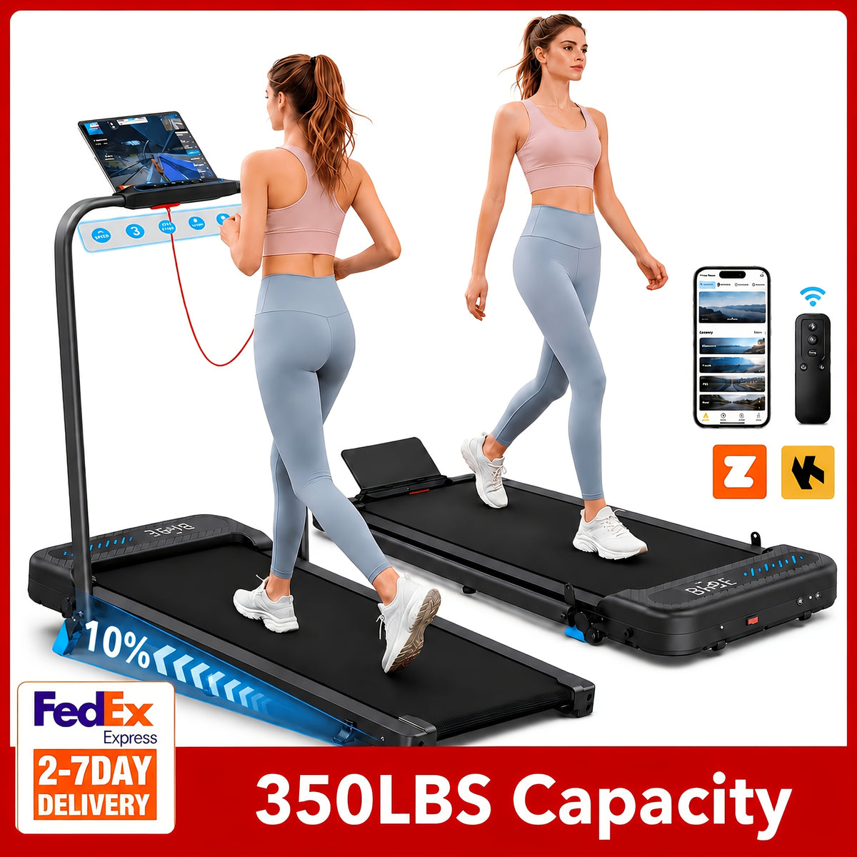 Foldable Treadmill with Incline, 2-In-1 Portable Treadmills for Home Small Spaces, 350 Lbs Capacity Compact Under Desk Treadmill, LED Display & KINOMAP App, No Assembly Required, Space-Saving Design, Without Battery