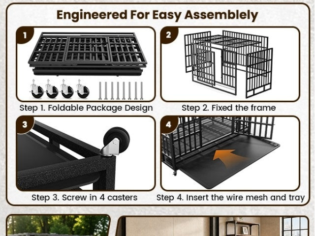 [With Wheels] 42 IN/48IN Heavy Duty Dog Crate Metal Dog Cage With Wheels And Escape-Proof Locks Double Doors Top Opening Large Dog Kennel Removable Tray Easy Assembly Chew-Proof For Big Dogs