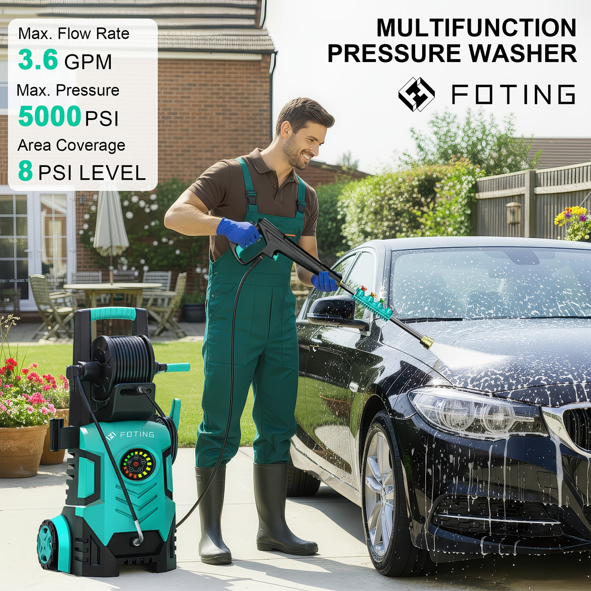 2026new Pressure Washer 5000PSI 2.4GPM-3.6GPM with Adj-8-Level Touch Screen, 34" Tall Power Washer, 4 Quick Connect Nozzles, Inlet Hose&Filterfor Cars/Fences/Driveways