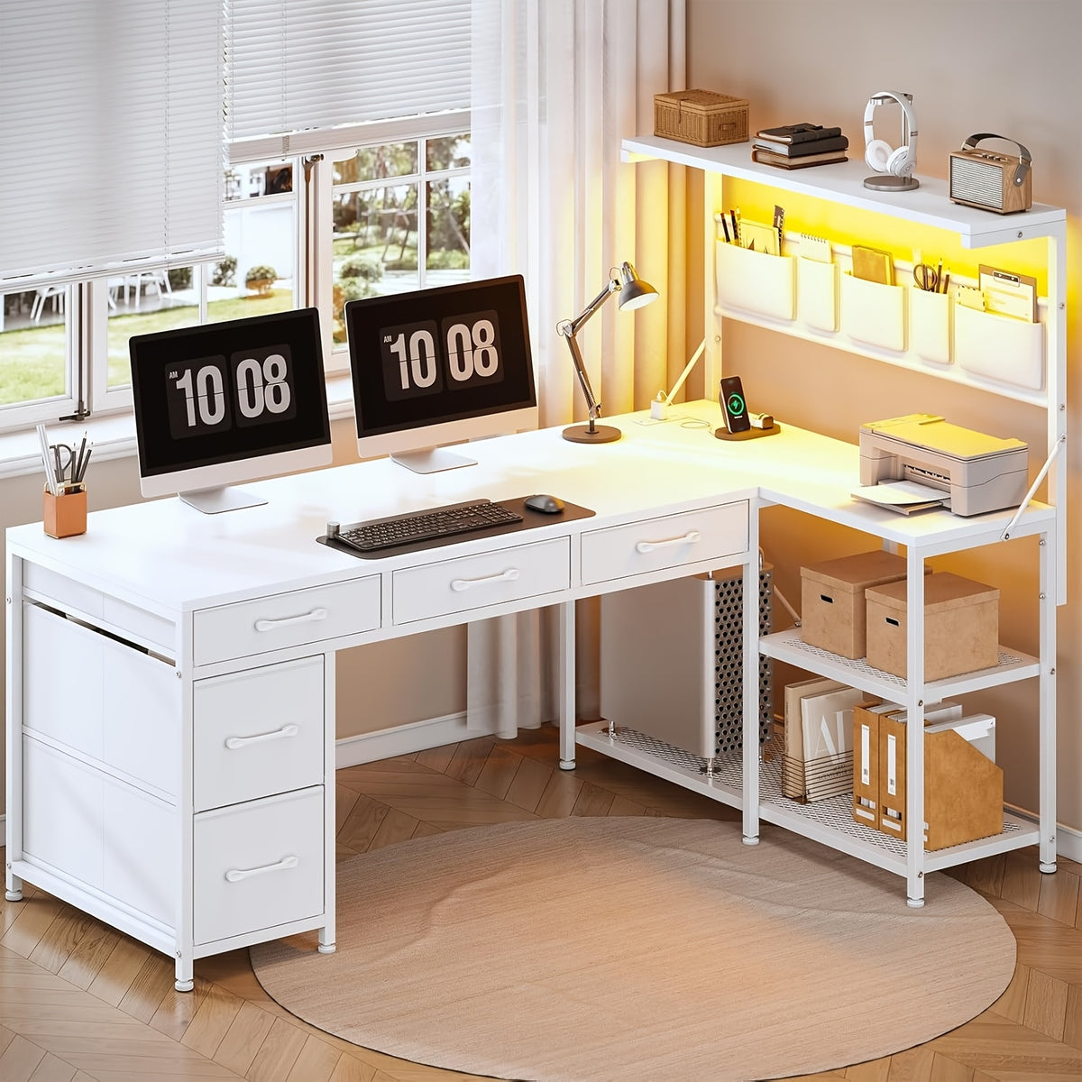 L-Shaped Computer Desk for Small-Space Work and Gaming, Featuring Reversible Shelves and App-Controlled RGB Lights