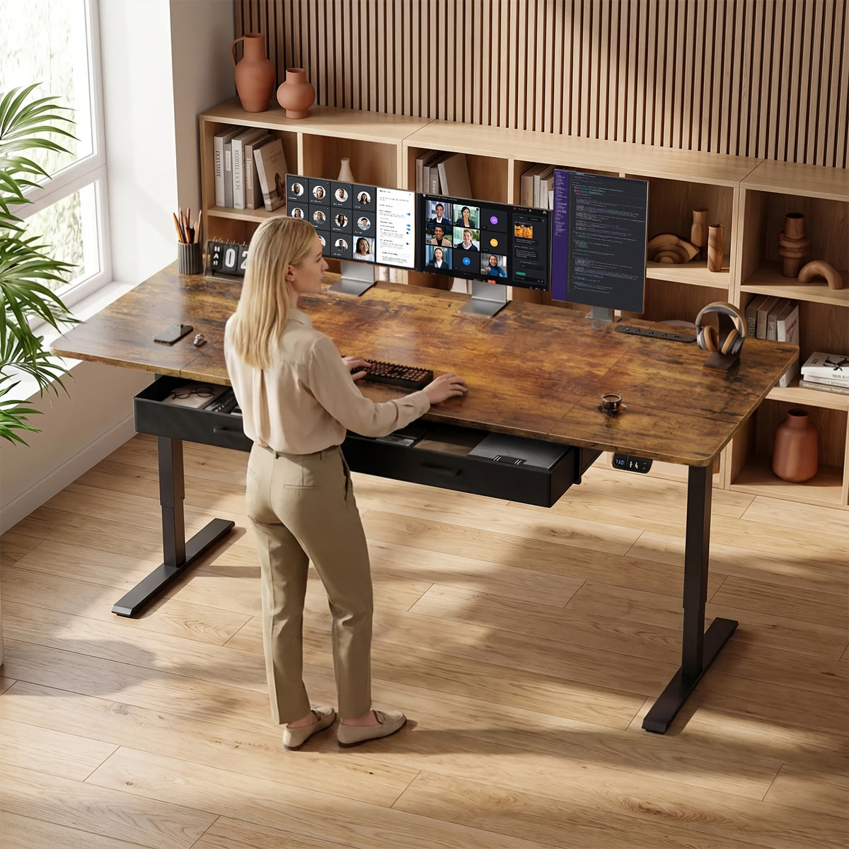 Electric Standing Desk with Dual Drawers and Built-In Power Panel for Home Offices and Gaming Setups
