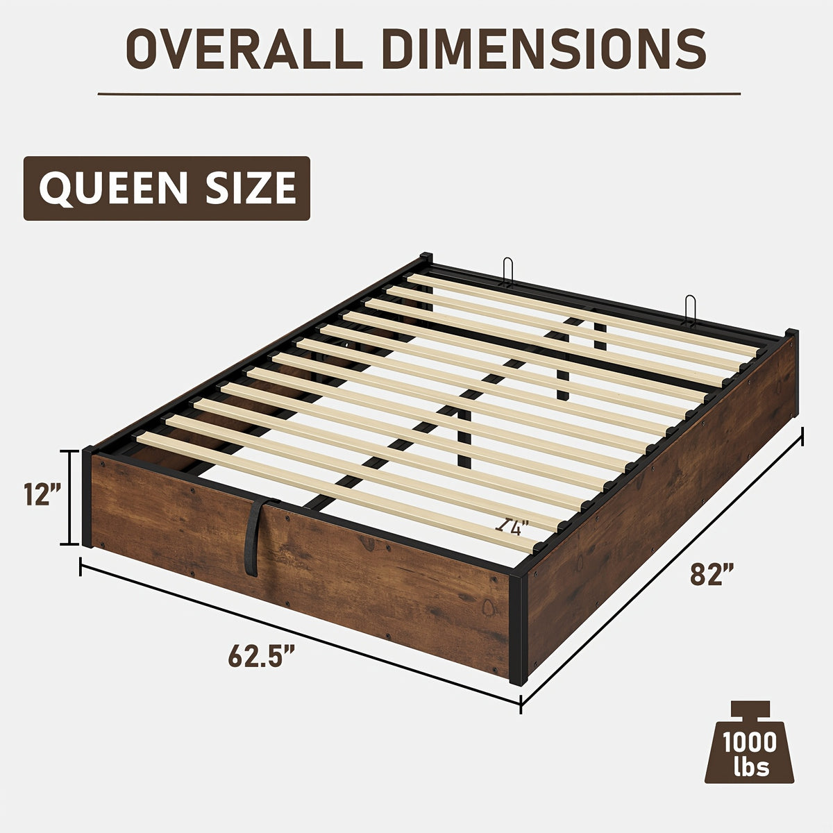 Lift Up Storage Bed with Storage Underneath, Wooden Platform Bed Frame, Solid Wood Slats Support, No Fixed Headboard, No Box Spring Needed