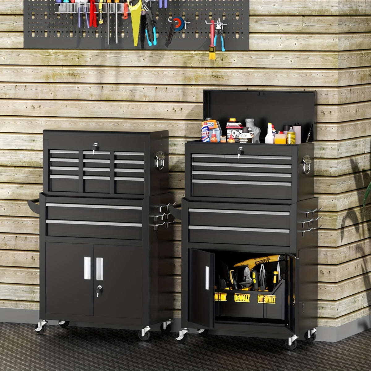Rolling Tool Chest with Wheels, 8 Drawer High Capacity, 2-in-1 Detachable Steel Toolchest Organizer Combo for Garage, Workstation, Barbershop(Black)
