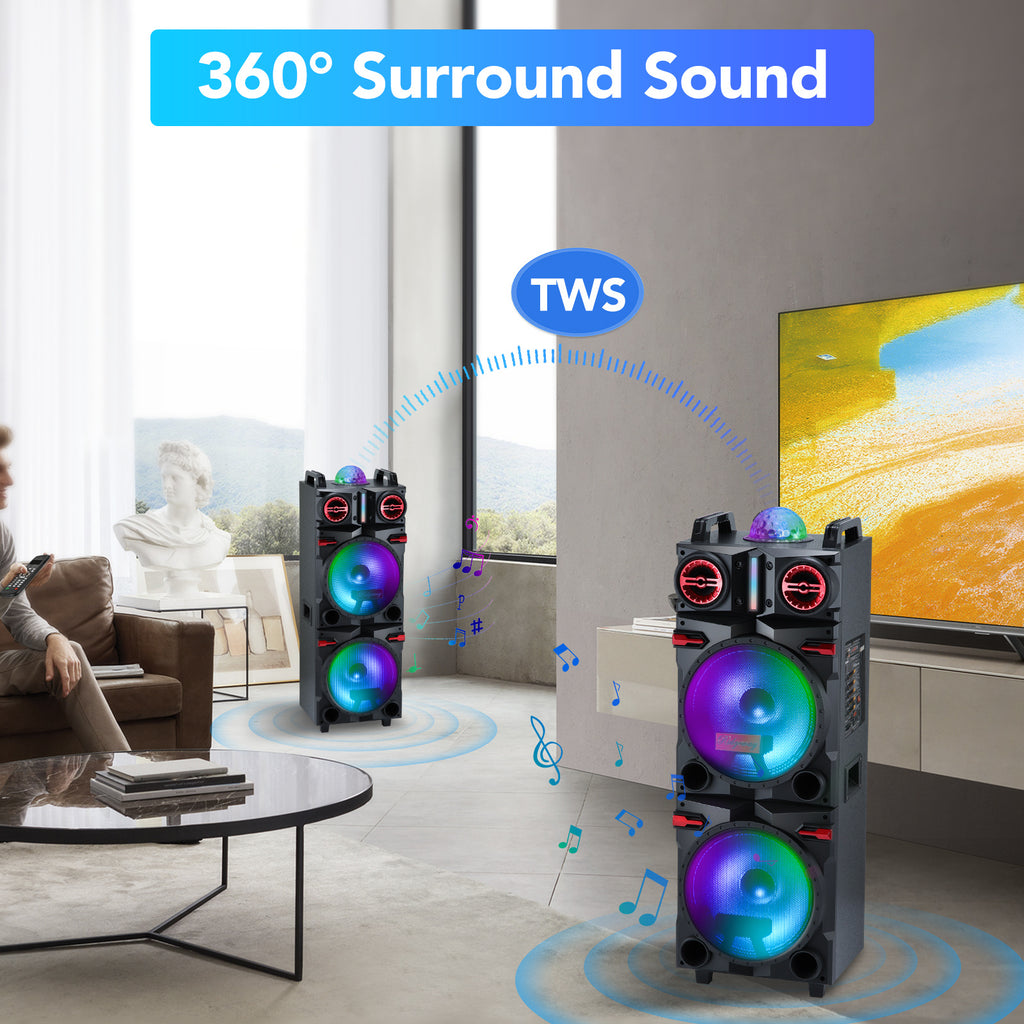 Sound Portable Party Bluetooth Speakers Loud Sound Powerful, DJ Sound Stereo Loud Bass Karaoke Machine with Sound Reactive Party Lights, USB/SD Input and Telescopic Pull Rod, Remote Control