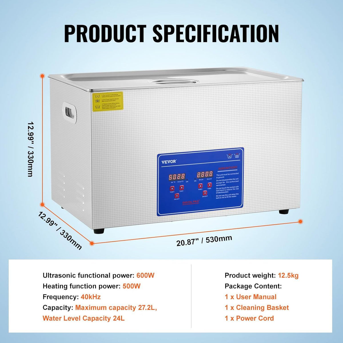 VEVOR Professional Ultrasonic Cleaner, 10L/27.2 L Ultrasonic Jewelry Cleaner with Digital Timer & Heater, Stainless Steel Industrial Sonic Cleaner 40kHz for Glasses, Watches, Rings, Small Parts