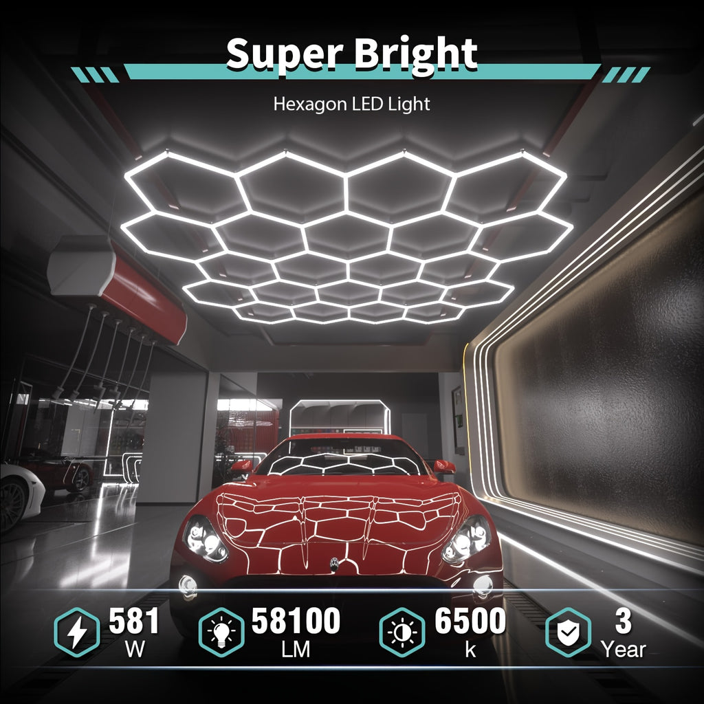 Hexagon LED Lights, 581W 58100LM 22 Grids Ultra Bright Daylight White Easy DIY Install Workshop & Garage Lighting, Durable, Gen 2 Bright Lighting