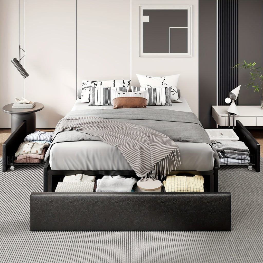 HOOMIC Full/Queen Size Platform Bed Frame with 3 Storage Drawers, Linen Fabric/Faux Leather Upholstered, Headboard Compatible, Wooden Slat Support, No Box Spring Needed, Noise Free, Dark Grey/Black