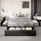 HOOMIC Full/Queen Size Platform Bed Frame with 3 Storage Drawers, Linen Fabric/Faux Leather Upholstered, Headboard Compatible, Wooden Slat Support, No Box Spring Needed, Noise Free, Dark Grey/Black