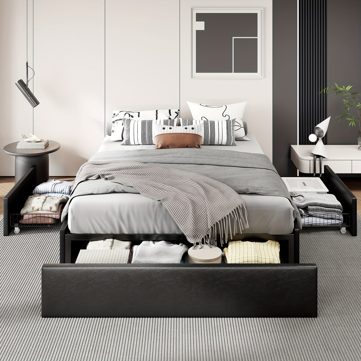 HOOMIC Full/Queen Size Platform Bed Frame with 3 Storage Drawers, Linen Fabric/Faux Leather Upholstered, Headboard Compatible, Wooden Slat Support, No Box Spring Needed, Noise Free, Dark Grey/Black