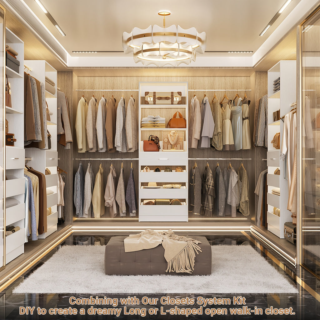 Closet System, Closet Organizer System with 4 Wooden Drawers, Walk-in Closet Wardrobe Clothes Rack with 4 Hanging Rods, Fit for 4-9ft Space, Garment Rack, White, Mounted Closet Systems