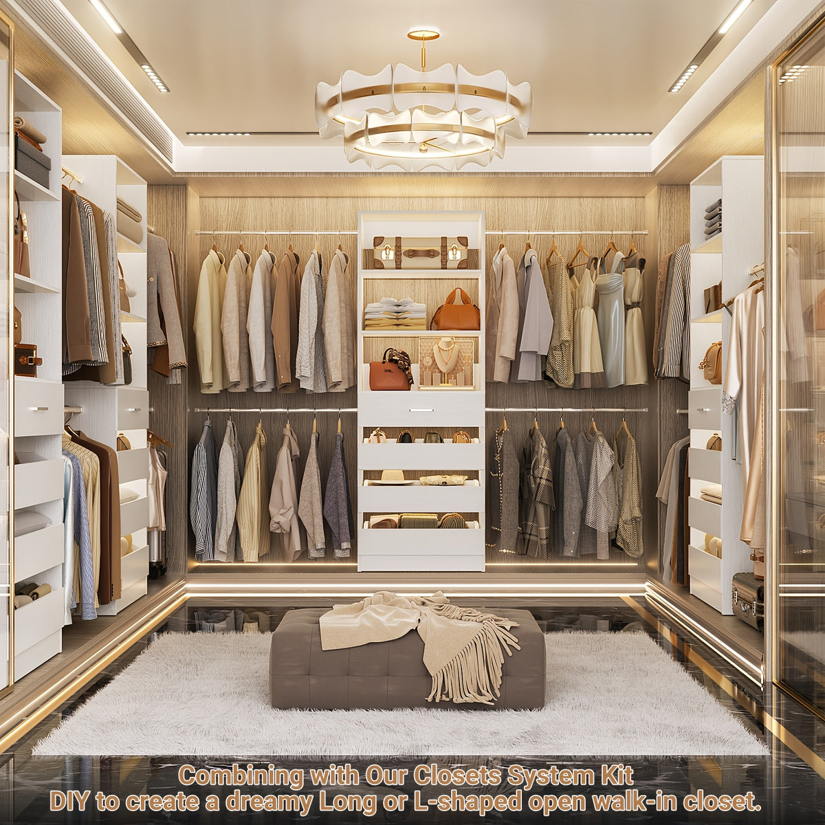 Closet System, Closet Organizer System with 4 Wooden Drawers, Walk-in Closet Wardrobe Clothes Rack with 4 Hanging Rods, Fit for 4-9ft Space, Garment Rack, White, Mounted Closet Systems
