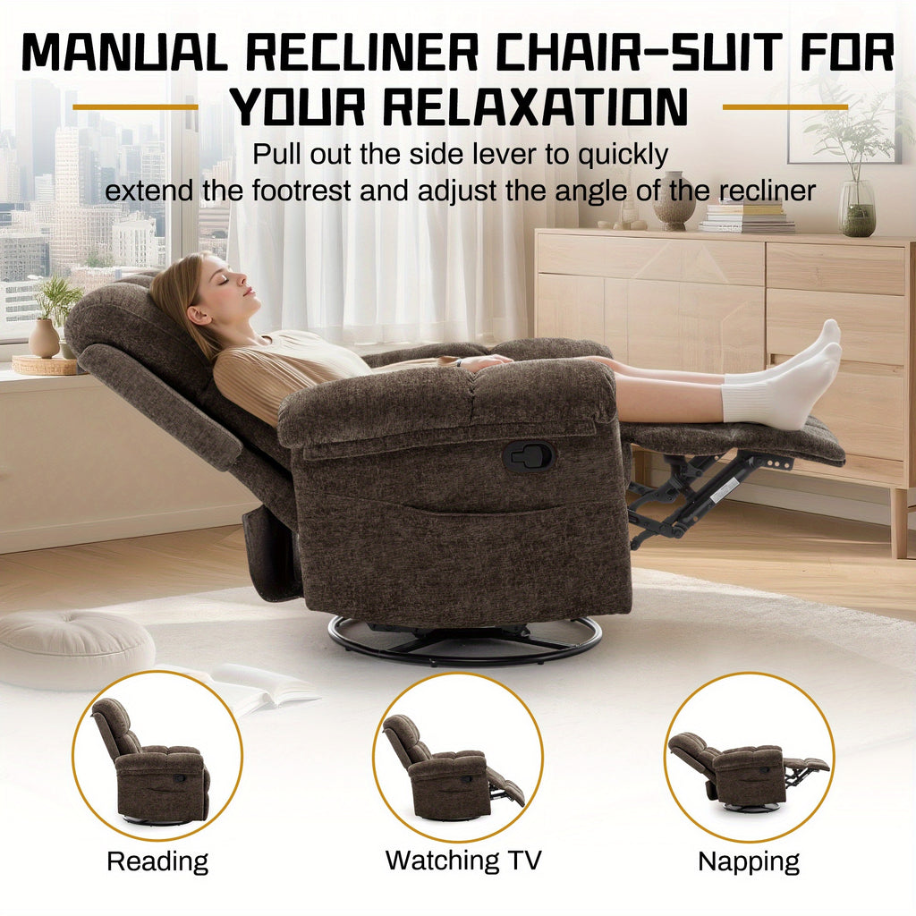 A Solitary Chair for The Living Area, a Reclining Chair That Swivels, a Rocking Recliner for Grown-Ups, Compact Recliners Suitable for Limited Spaces, a Manual Upholstered Recliner Featuring Side Pockets