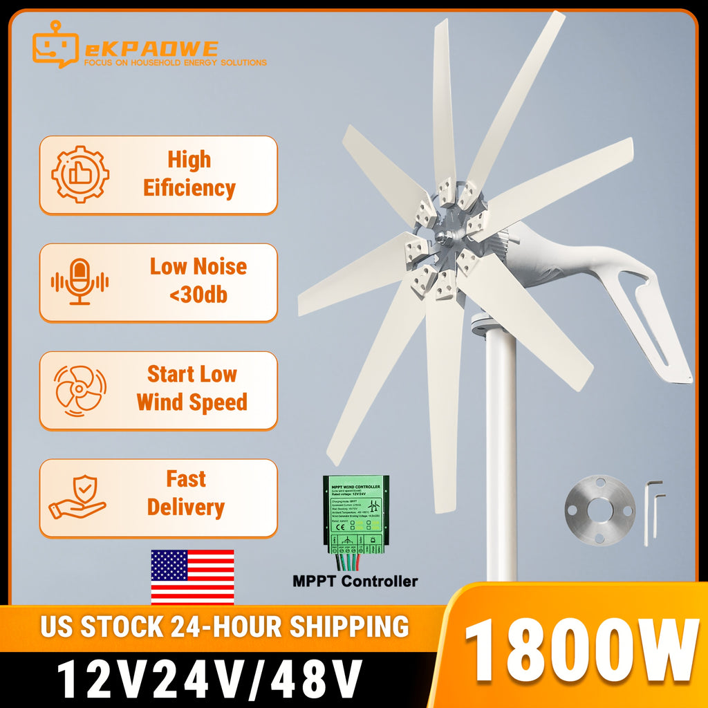 US Stock 1800W High Efficiency Wind Turbine 12V 24V Generator with Free MPPT Controller Off Grid System Output Voltage Home Appliance Power Supply System