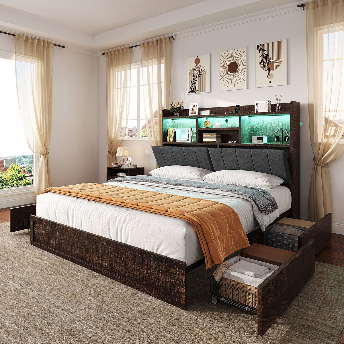 Platform Bed with 4 Storage Drawers, 51.2" Tall LED Bed Frame with Bookcase Headboard, Linen Upholstered, Charging Station& Hidden Storage Area, No Box Spring Needed