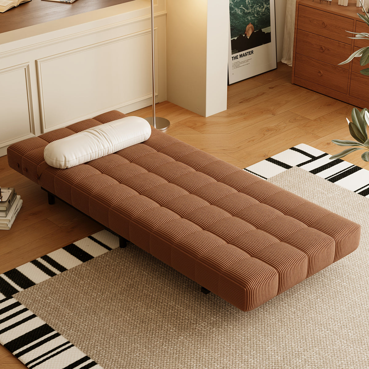 Convertible Single Sofa Bed | Foldable Chair Bed Sleeper with Adjustable Backrest & Pillow - Plush Corduroy Upholstery, Durable Metal Frame, Tufted Design for Living Room (Cream Beige/Brown)