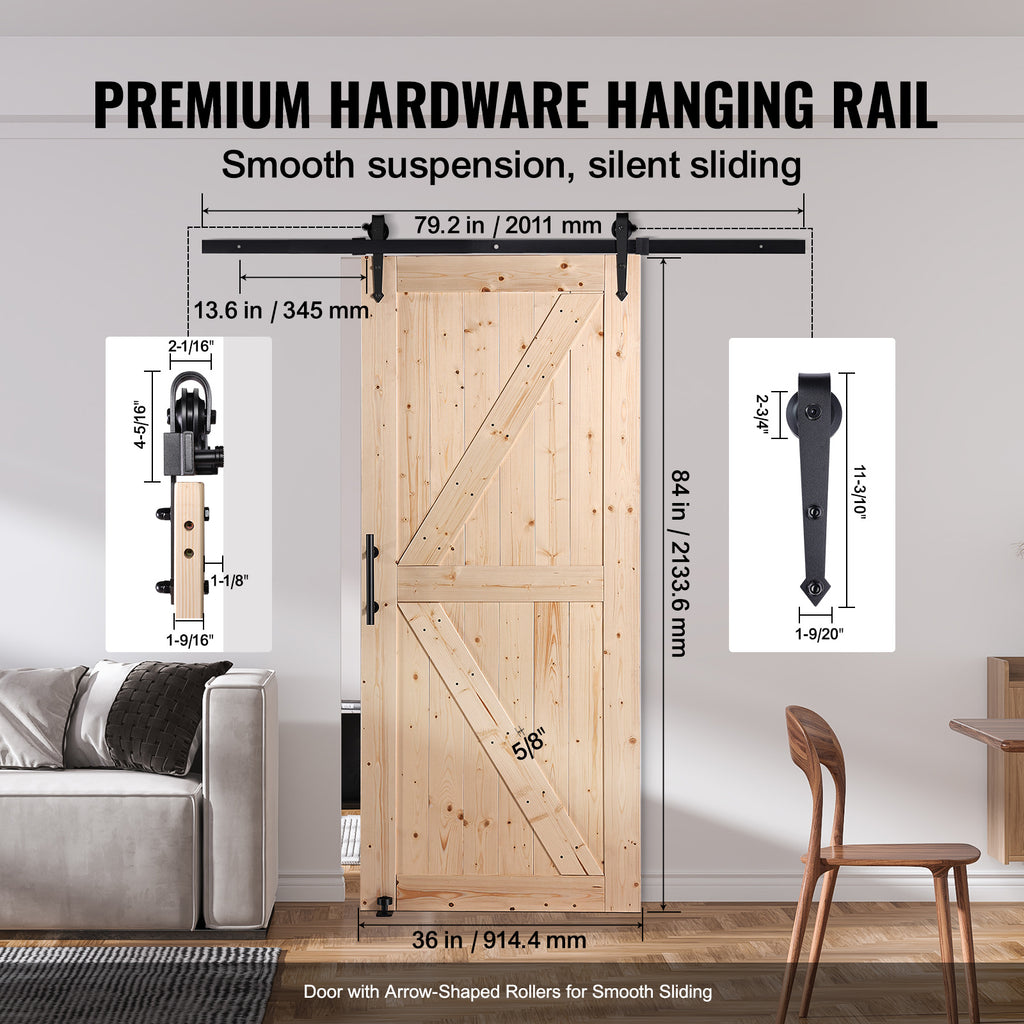 VEVOR Barn Door and Hardware Kit, 30/36" x 84" Wood Sliding Barn Door, Smoothly and Quietly, Barn Door Kit with 8-in-1 Floor Guide and Door Handle, Spruce Wood Panelled Slab, Easy to Install