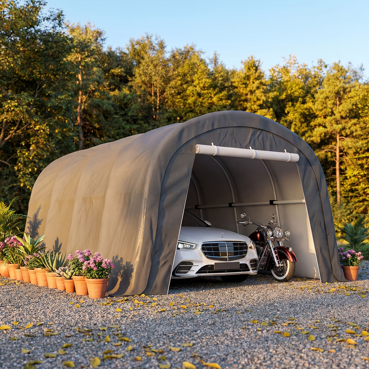 Outdoor Carport, Garage, Outdoor Storage, Courtyard Round Portable Garage, Outdoor 13 X 20ft Or 10 X 20ft Heavy Duty Carport, Tensioner And 2 Roll Up Doors Waterproof PE Fabric Car Port, Garage, Storage Shed, Tent for Storage, SUV, Brown/Grey