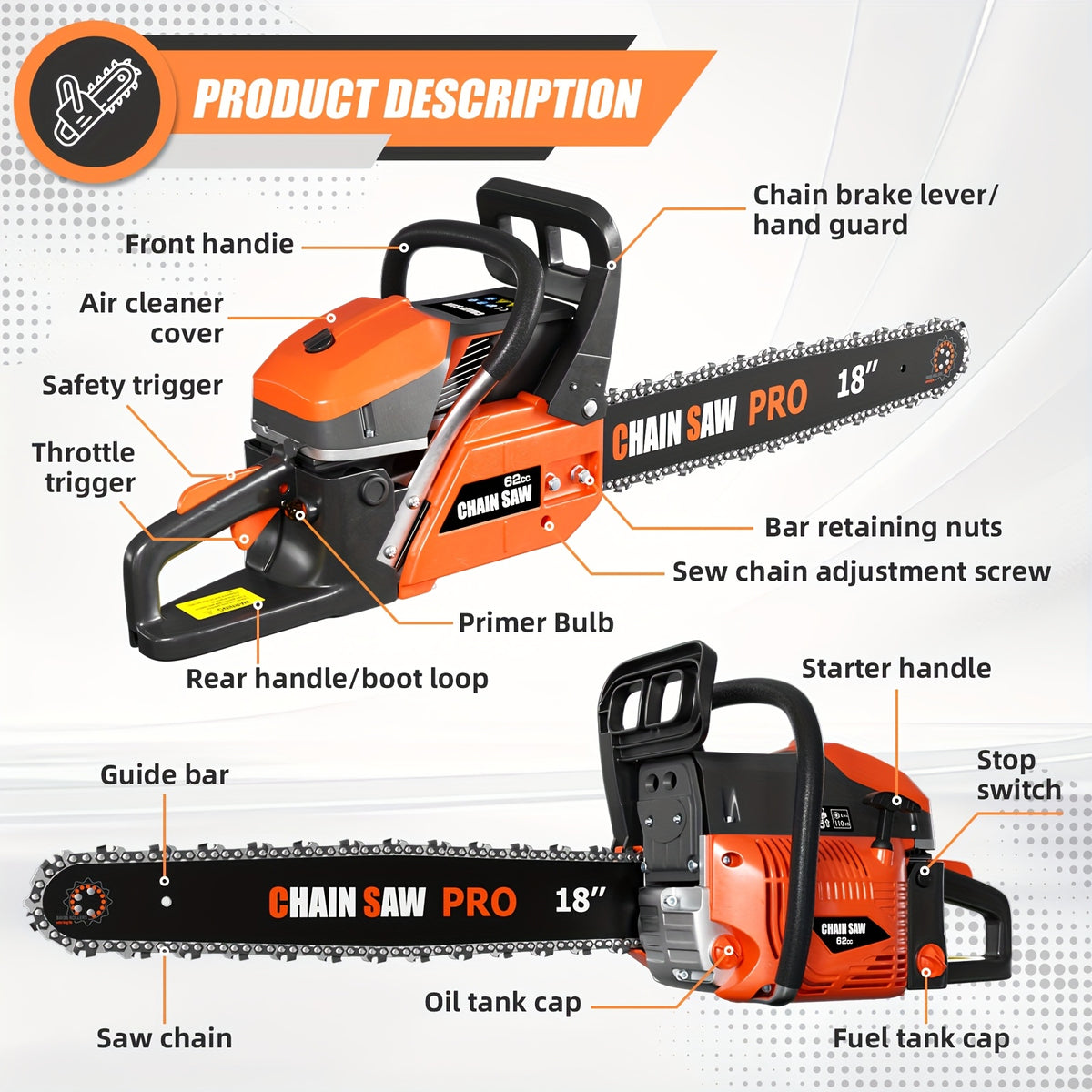 62CC Professional Chainsaw with 20 Inch, 22 Inch, 18 Inch, And 24 Inch Options, Featuring a 2-Stroke Engine, Ergonomic Non-Slip Handle, And Dual Fuel Tanks, Ideal for Cutting Wood, Trimming Trees, And Clearing Land