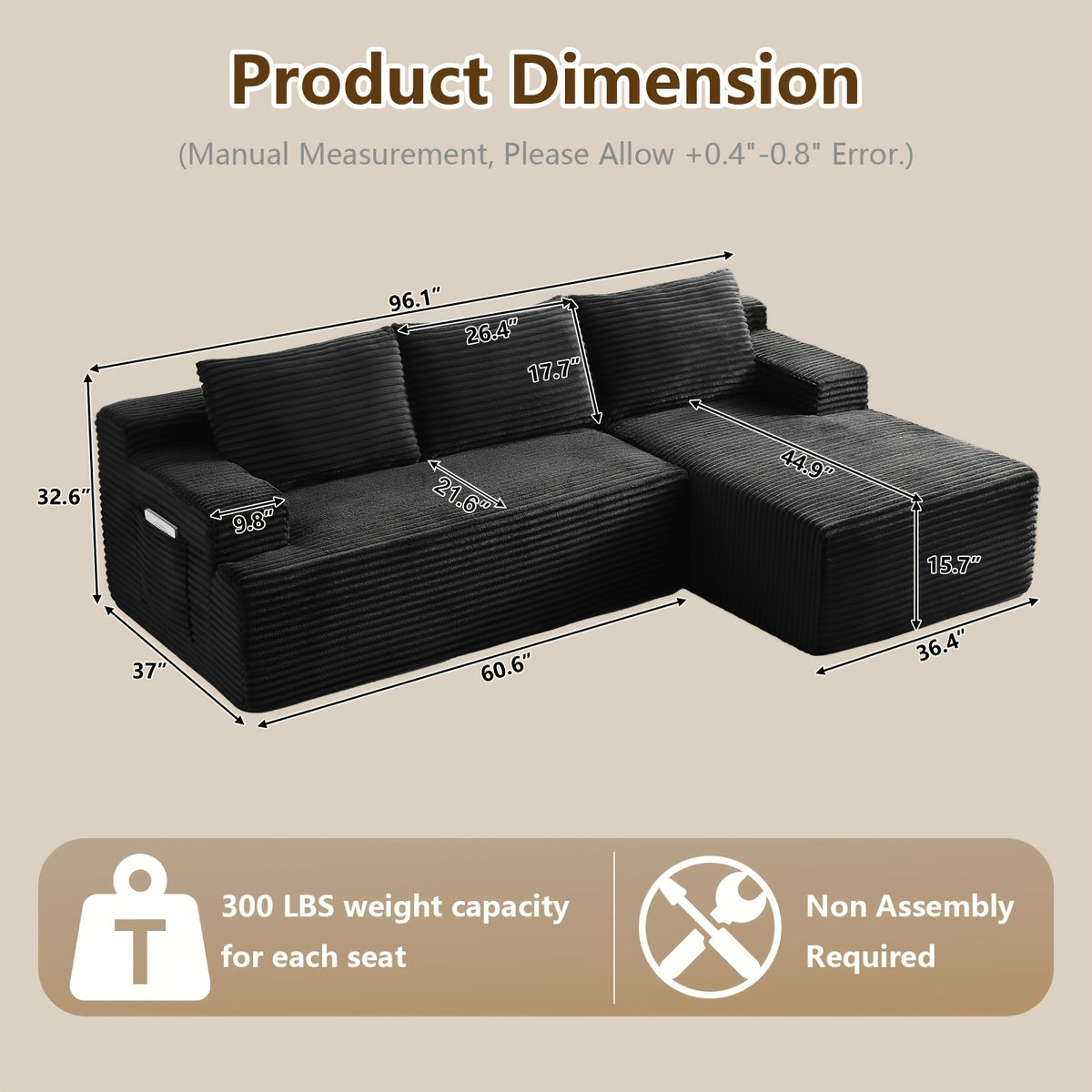 96.1"Cloud Sectional Boneless Couches For Living Room, Modular L Shaped Couch With Deep Seat Oversized Right Facing Chaise, Memory Foam Compressed Spineless 3 Seater Sofa For Apartment, Black | No Assembly Required, Deep Seat, Cat-Claw Resistant