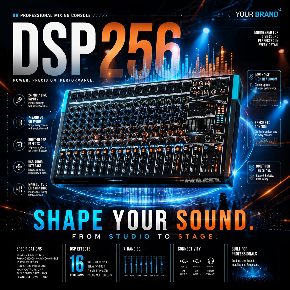 USB Audio Mixer for Mobile Wireless Connection — Choose 12 or 16 Channels with 256 Reverb Effects and 48V Phantom Power