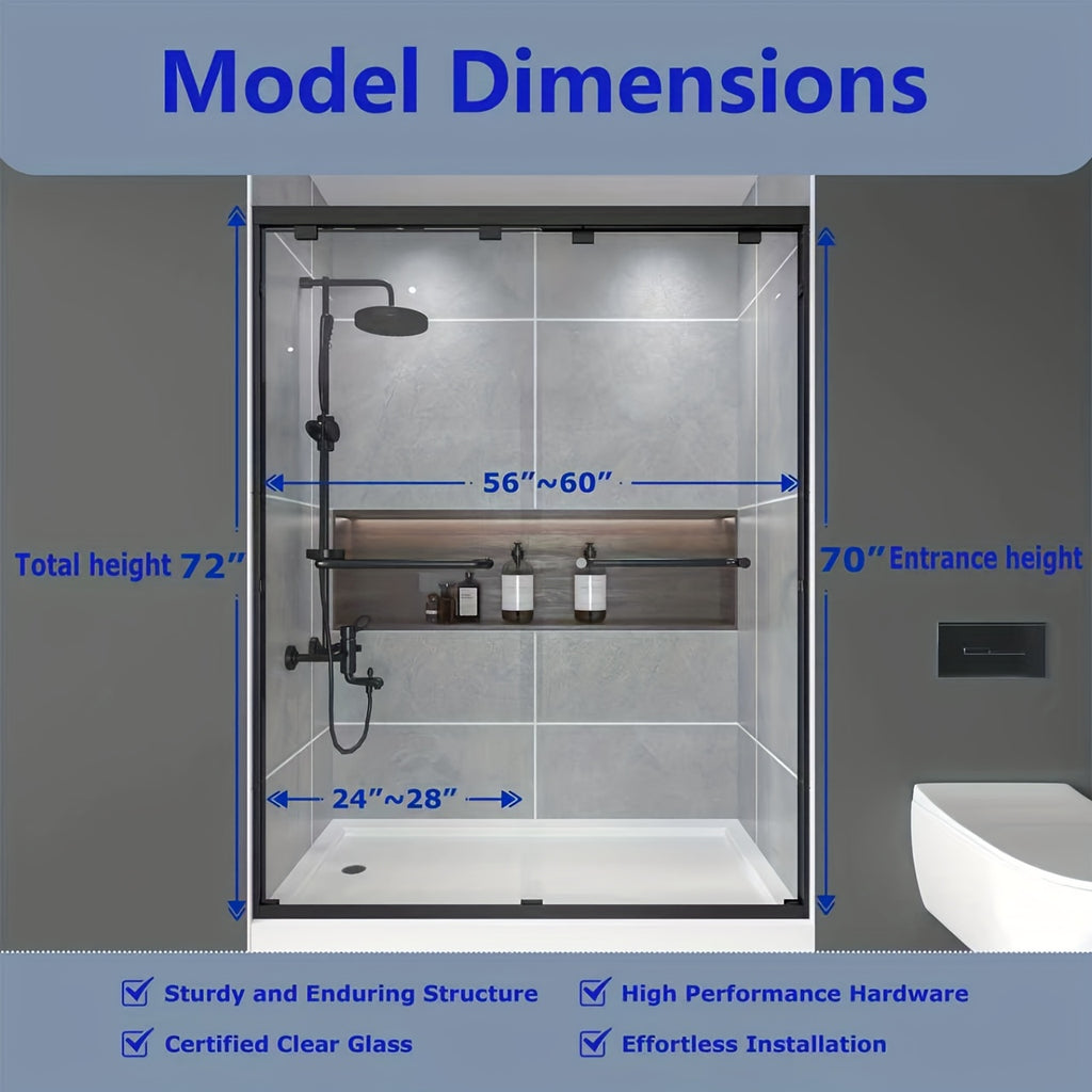 56-60" W x 72" H Modern Double Sliding Shower Door - 1/4" (6mm) ANSI/SGCC Tempered Glass, Fingerprint-Resistant, Matte Black/Brushed Nickel Aluminum Frame & Stainless Steel Hardware, Heavy-Duty Sliding Mechanism, Clear Glass Panels for Bathroom, Spa, Hote