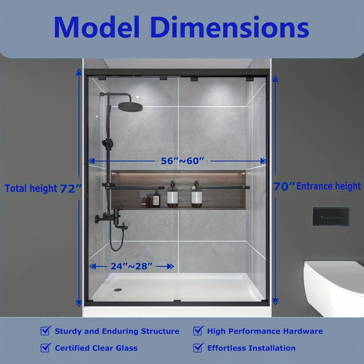 56-60" W x 72" H Modern Double Sliding Shower Door - 1/4" (6mm) ANSI/SGCC Tempered Glass, Fingerprint-Resistant, Matte Black/Brushed Nickel Aluminum Frame & Stainless Steel Hardware, Heavy-Duty Sliding Mechanism, Clear Glass Panels for Bathroom, Spa, Hote