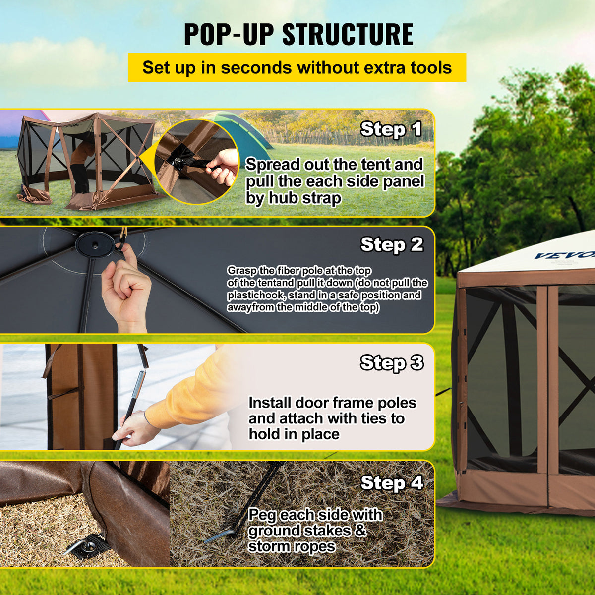 VEVOR Pop-Up Screen Gazebo Tent in 10 ft or 12 ft Sizes for Camping, Picnics and Backyard Gatherings
