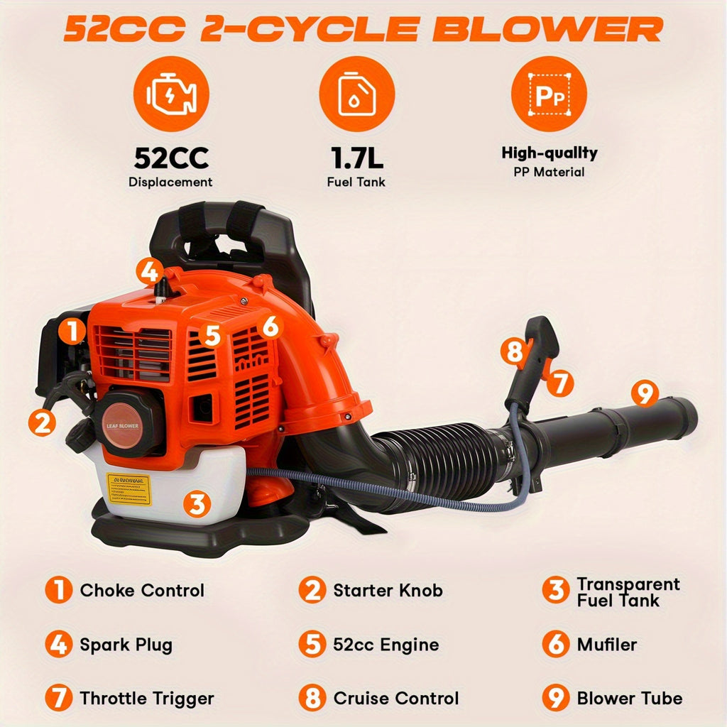 Leaf Blower, 52CC Gas Backpack Leaf Blowers For Lawn Yard, Garden Cleanup Tool, 2 Stroke Snow Blower For Lawn Care Yard Dust Debris