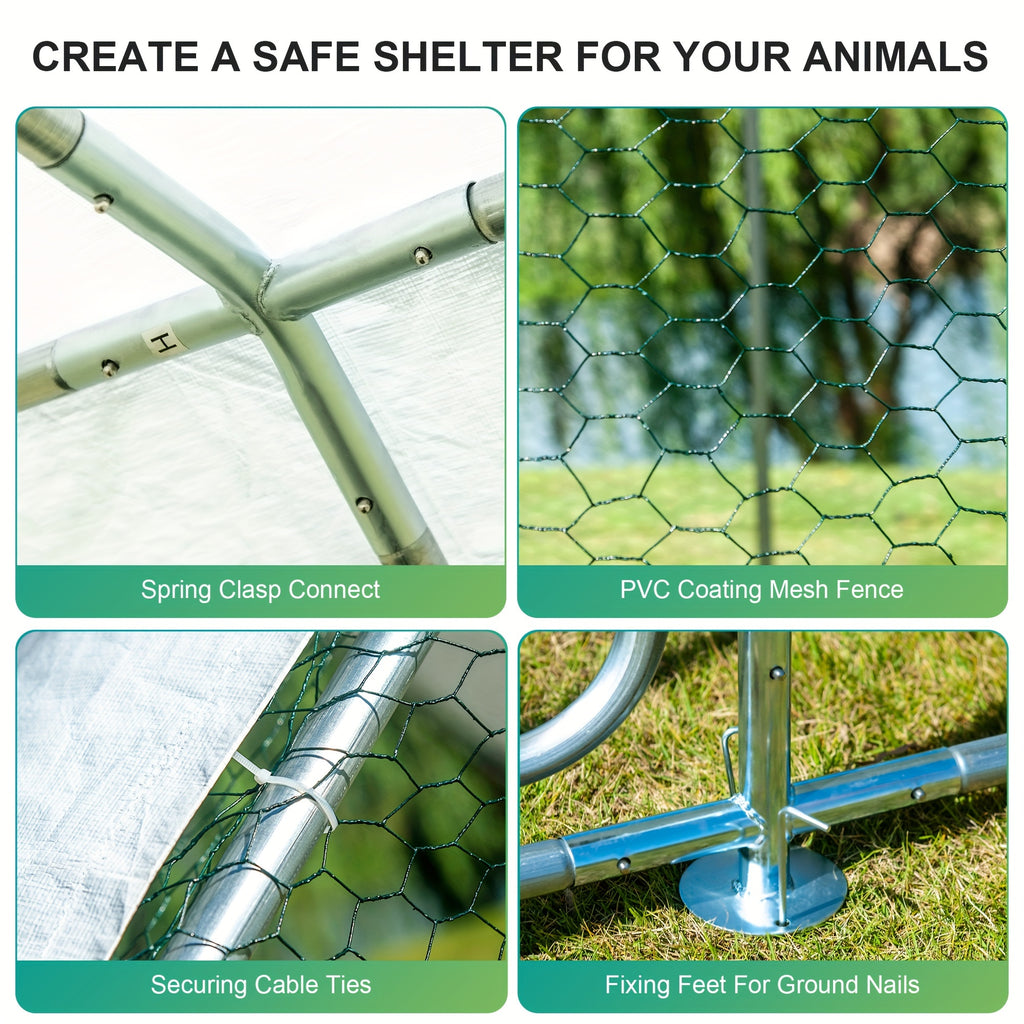 Large Metal Chicken Coops For 20 Chickens Runs For Yard With Waterproof Cover Walk-in Chicken Pen 10'Lx6.6'Wx6.6'H Outdoor Backyard Farm Use Round Roof Poultry Coop For Yard Garden With Waterproof Anti-UV Cover For Hens, Ducks, Rabbits