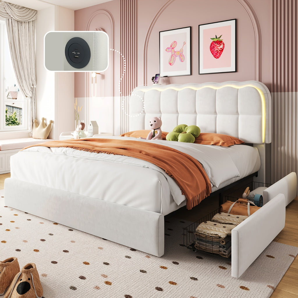 MRAEER Twin/Full/Queen Bed Frame | LED Lighting, 2/4 Storage Drawers, Cloud-Style Soft Headboard, Velvet Modern Platform Bed, Mattress Not Required, Halloween/Christmas Gift, White/Pink/Grey, Hardwood and Metal Construction