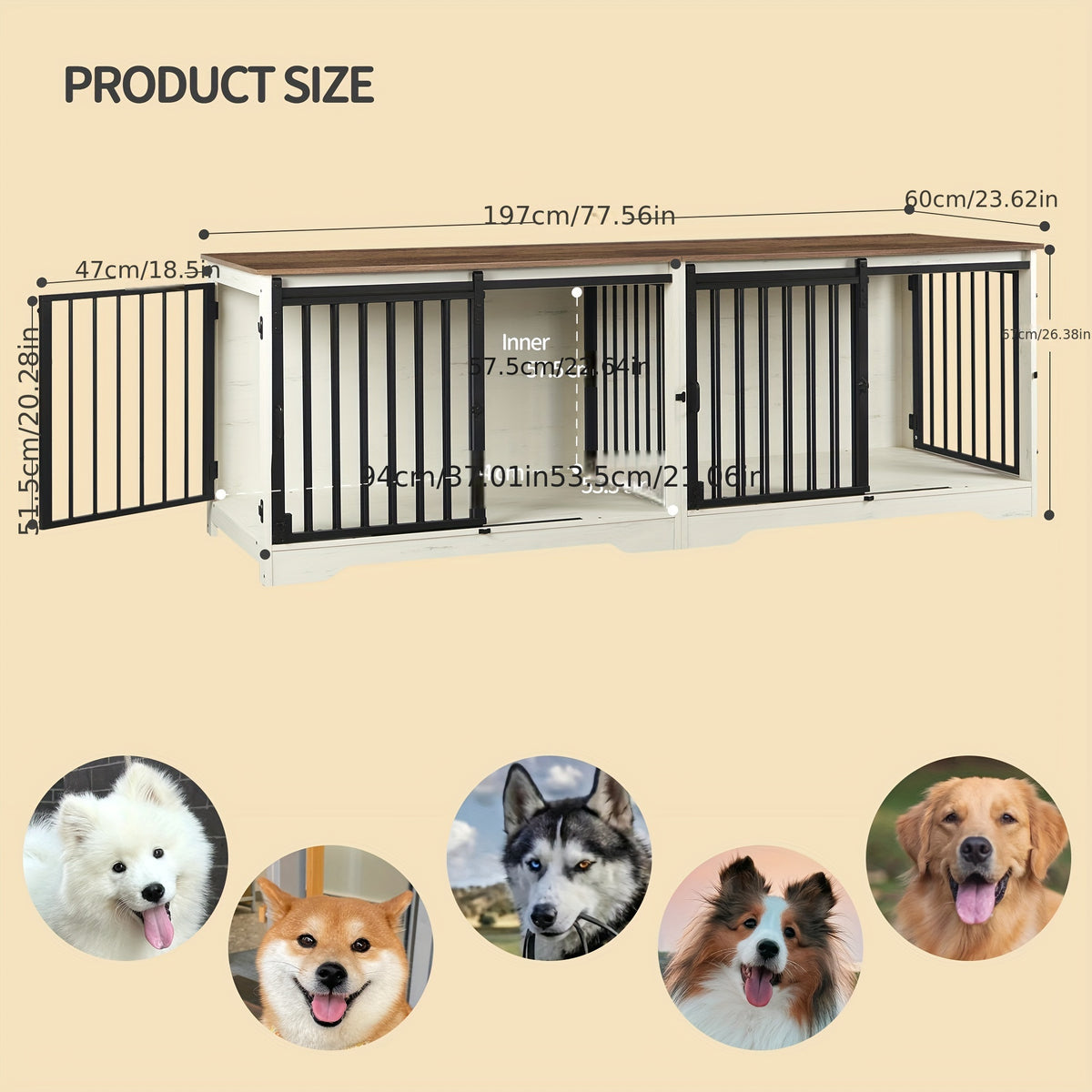 78" Dog Crate Furniture with Divider, Dog Crate Barn Door, Dog Kennel Indoor, Wood Dog Crate for 2 Dogs Small/Medium/Large Dog, End Side Table, Anti-Chew Anti-Escape